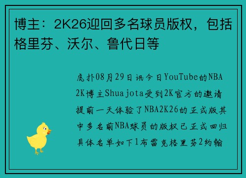 博主：2K26迎回多名球员版权，包括格里芬、沃尔、鲁代日等
